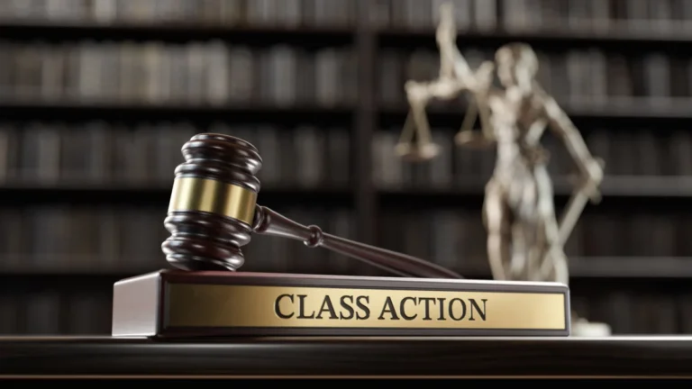 Class Action: Judge's Gavel as a symbol of legal system, Themis and wooden stand with text word