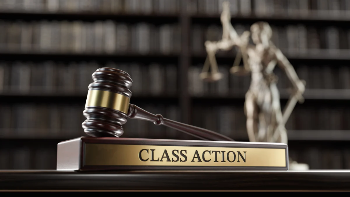 Class Action: Judge's Gavel as a symbol of legal system, Themis and wooden stand with text word