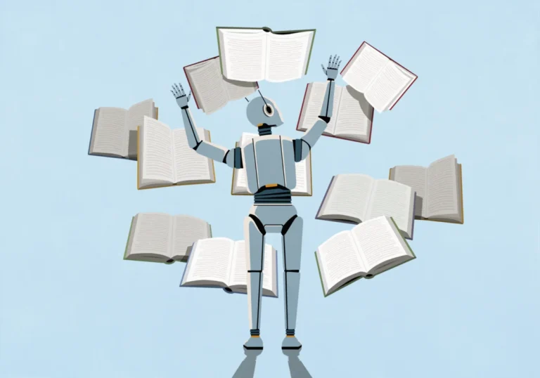 LLM AI bot reading multiple books at once against blue background