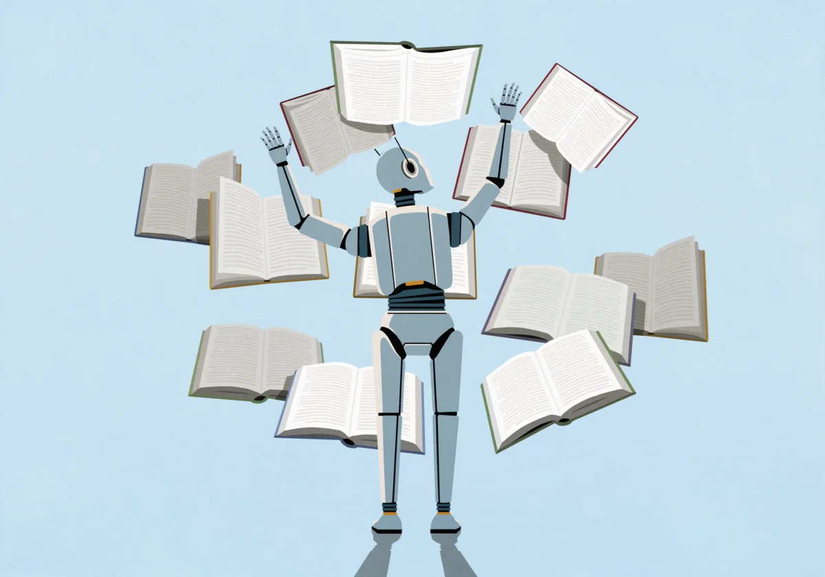 LLM AI bot reading multiple books at once against blue background