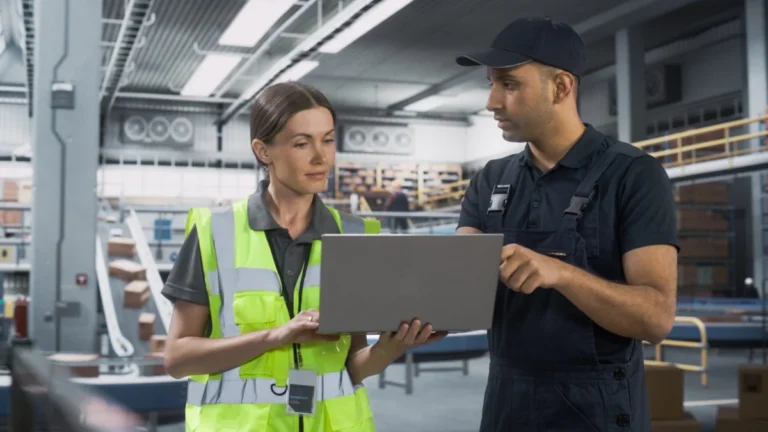 Ditribution,Fullfilment,Center:,Supervisor,And,Manager,Talk,,Use,Laptop.,Logistics