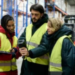 Diverse,Team,Of,Warehouse,Workers,Collaborating,,Using,A,Barcode,Scanner