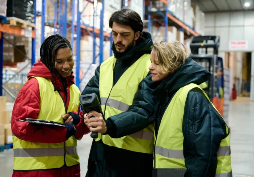 Diverse,Team,Of,Warehouse,Workers,Collaborating,,Using,A,Barcode,Scanner