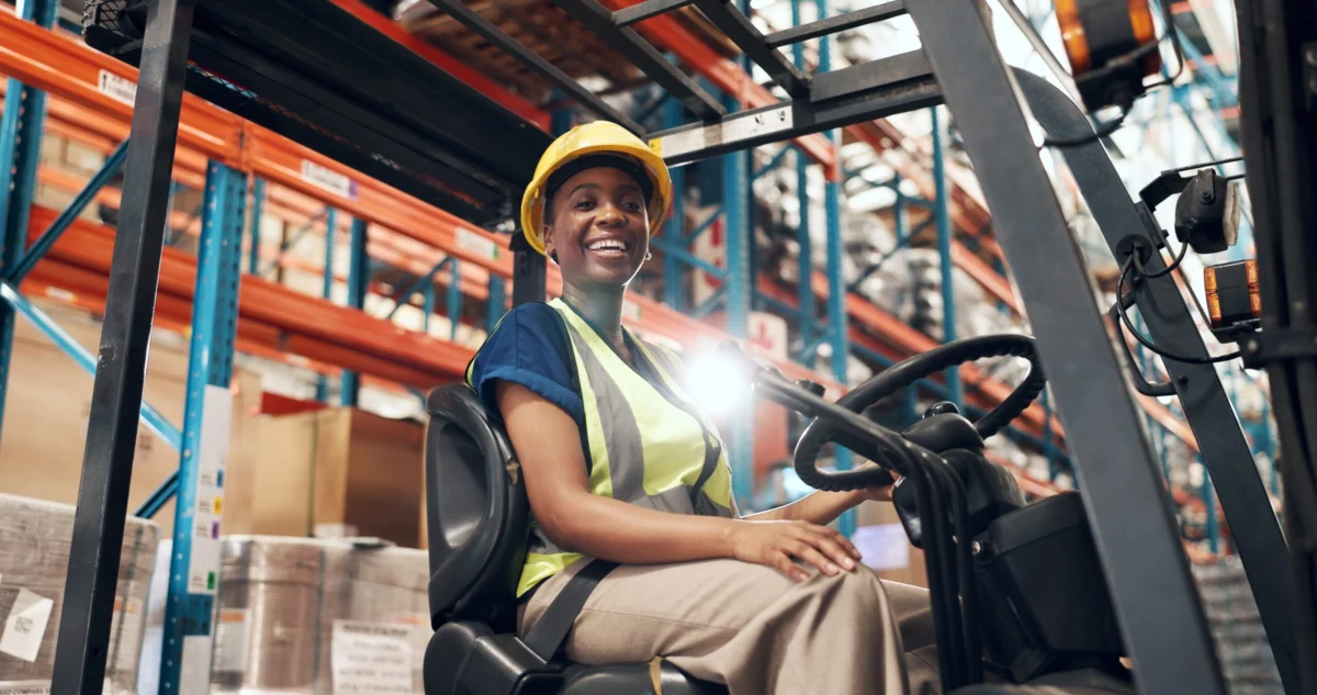 Logistics,,Forklift,And,Black,Woman,With,Portrait,In,Warehouse,,Supply