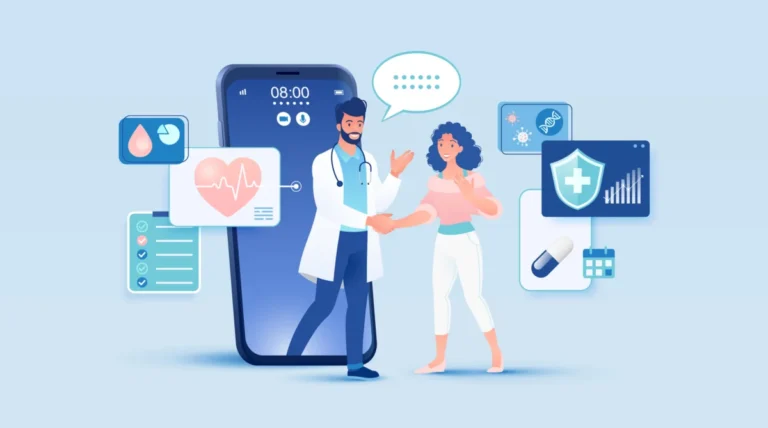 Telemedicine concept vector illustration. Female patient seeing a doctor using internet online technology through a smart device.