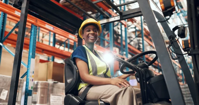 Logistics,,Forklift,And,Black,Woman,With,Portrait,In,Warehouse,,Supply