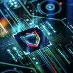 Digital security and privacy background. Cyber and crypto security shield on futuristic screen technology background.