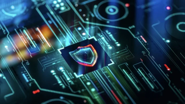 Digital security and privacy background. Cyber and crypto security shield on futuristic screen technology background.