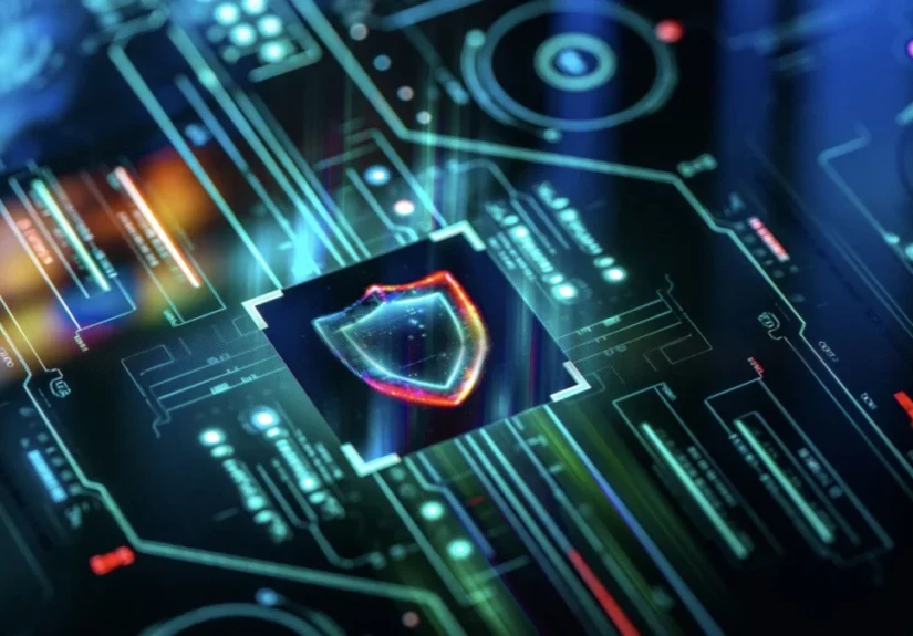 Digital security and privacy background. Cyber and crypto security shield on futuristic screen technology background.