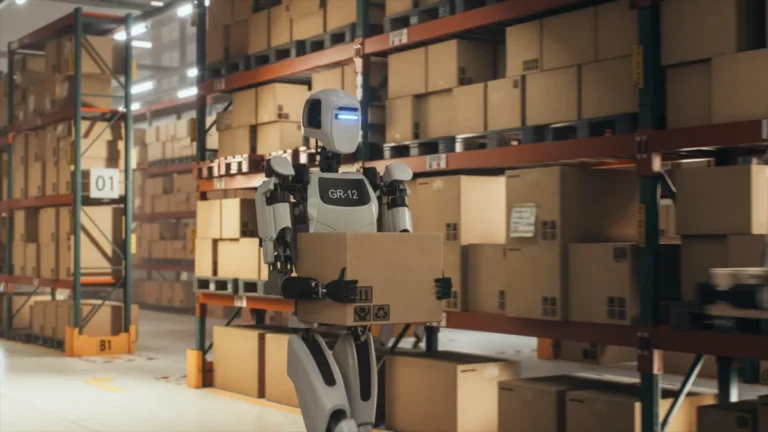 Futuristic,Humanoid,Robot,Transports,A,Cardboard,Package,In,A,Distribution