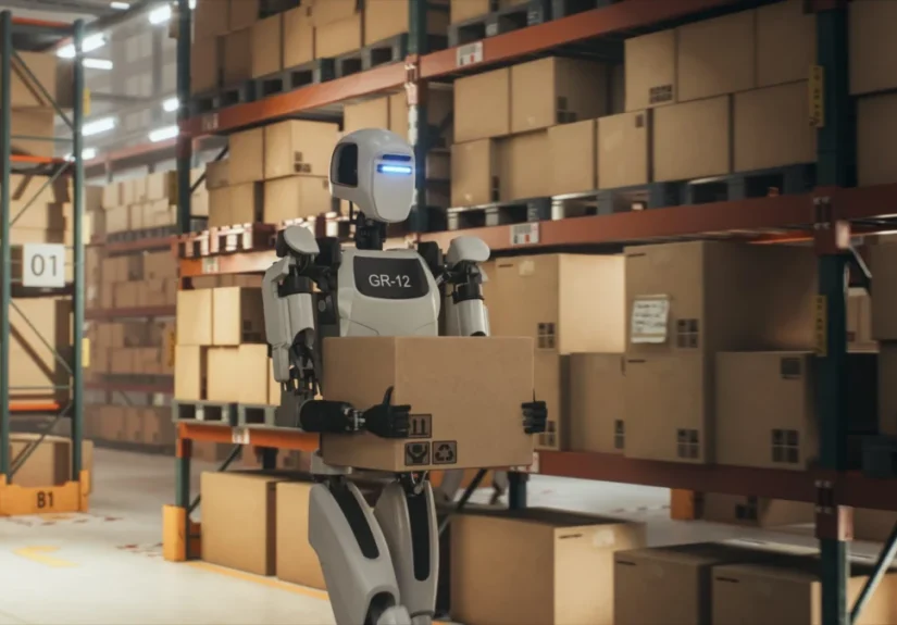 Futuristic,Humanoid,Robot,Transports,A,Cardboard,Package,In,A,Distribution
