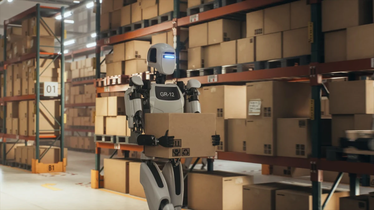 Futuristic,Humanoid,Robot,Transports,A,Cardboard,Package,In,A,Distribution